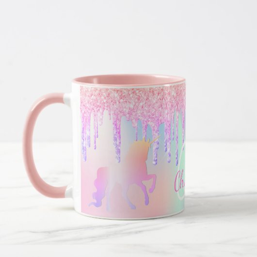 Unicorn glitter roze holografische monogram mok (Links)