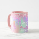 Unicorn glitter roze holografische monogram mok (Voorkant links)