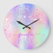Unicorn glitter roze paarse monogram grote klok (Voorkant)