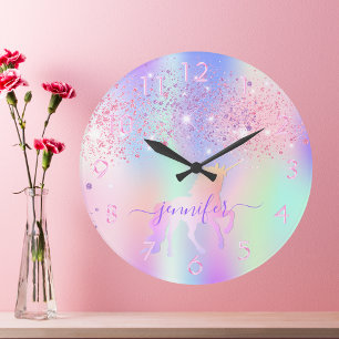 Unicorn glitter roze paarse monogram grote klok