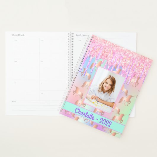 Unicorn glitter roze paarse naam foto 2023 planner (Display)