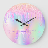 Unicorn glitter roze paarse naam grote klok (Voorkant)