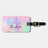 Unicorn glitter roze regenboogholografisch monogra bagagelabel (Voorkant horizontaal)