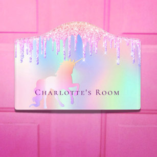 Unicorn glitter roze regenboogholografische naam deurbordjes