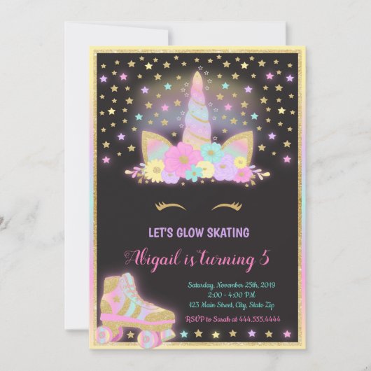 Unicorn Glow Roller Skating Invitation, Unicorn Kaart (Voorkant)