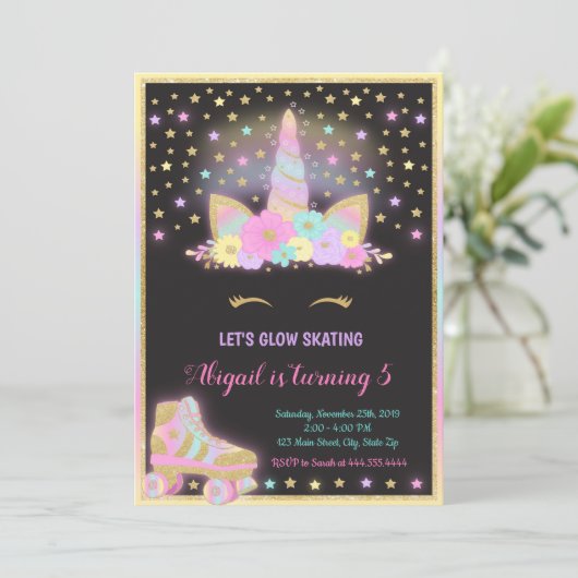 Unicorn Glow Roller Skating Invitation, Unicorn Kaart (Staand voorkant)