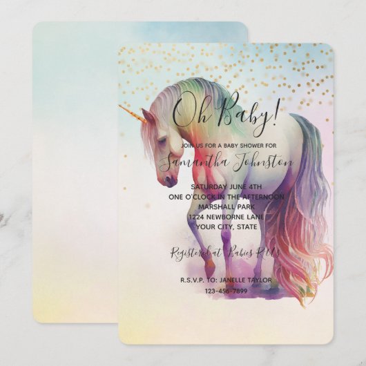 Unicorn Gold Confetti Sparkle Baby shower Kaart (Voorkant / Achterkant)