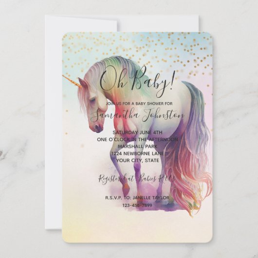 Unicorn Gold Confetti Sparkle Baby shower Kaart (Voorkant)