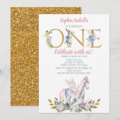 Unicorn Gold Glitter First Birthday Kaart (Voorkant / Achterkant)