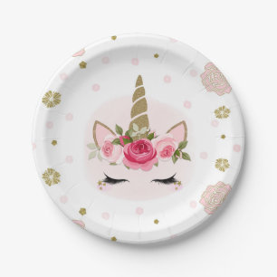 Unicorn Gold Pink Floral Blooms Cute Trendy Party Papieren Bordje