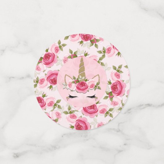 Unicorn Gold Pink Floral Rozen Birthday Party Confetti (Kleine voorkant)
