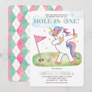 Unicorn Golf Birthday Party Kaart