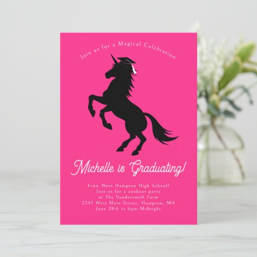 Unicorn Graduation Party roze en zwart Kaart (Staand voorkant)