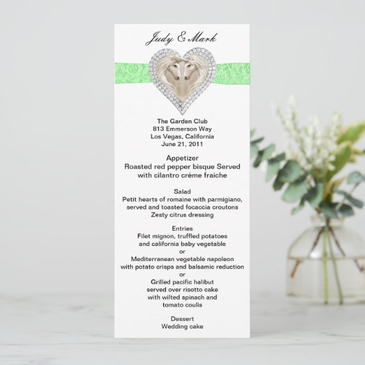 Unicorn Green Lace Wedding Menu Kaart (Staand voorkant)