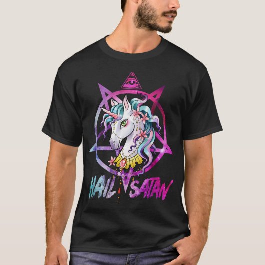 Unicorn Hail Satan Death Metal Rainbow shirt Rave (Voorkant)