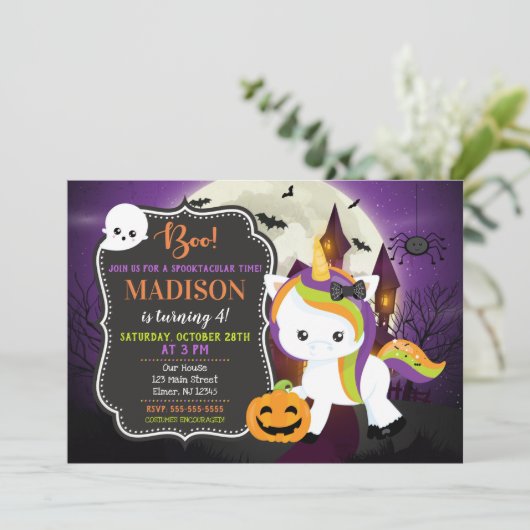 Unicorn Halloween Birthday Uitnodiging (Staand voorkant)