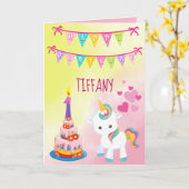 Unicorn Happy 1e verjaardag Girl Kaart (Gele Bloem)