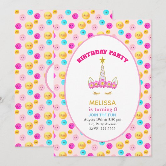 Unicorn & Happy Facets op roze verjaardag Kaart (Voorkant / Achterkant)