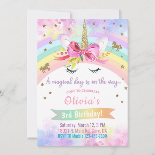 Unicorn head & bloemen girl verjaardagsuitnodiging kaart (Voorkant)