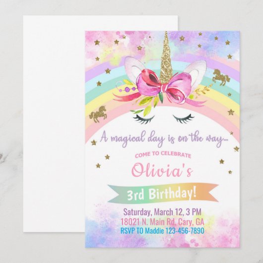 Unicorn head & bloemen girl verjaardagsuitnodiging kaart (Voorkant / Achterkant)