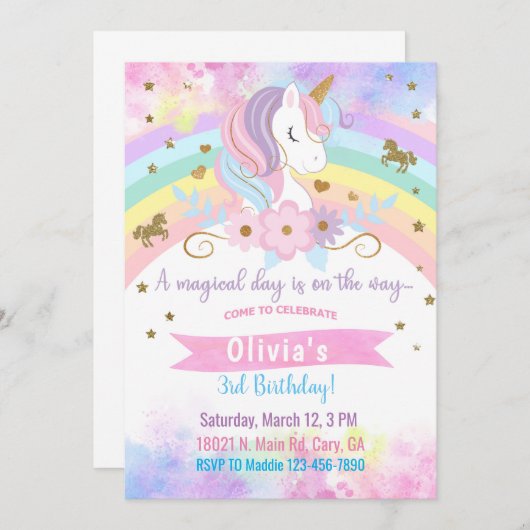 Unicorn head & bloemen meisje verjaardagsuitnodigi kaart (Voorkant / Achterkant)