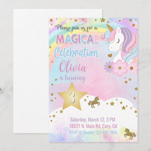 Unicorn head & flowers girl birthday invitation. kaart (Voorkant / Achterkant)