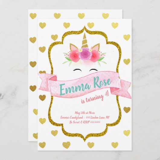 Unicorn Heart Birthday Party Kaart (Voorkant / Achterkant)