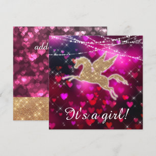 Unicorn Hearts Pink Baby Girl Shower Kaart
