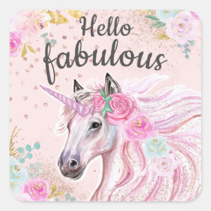 Unicorn Hello Fabulous Pink Floral Gold Glitter Vierkante Sticker