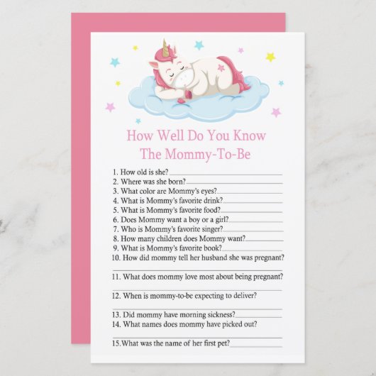 Unicorn Hoe goed ken je baby shower? (Voorkant / Achterkant)