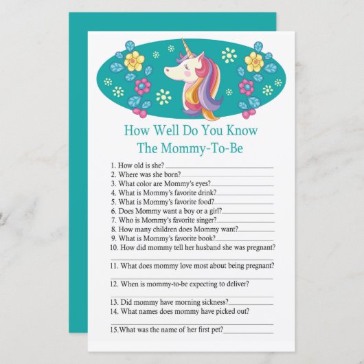 Unicorn Hoe goed ken je het baby shower spel? (Voorkant / Achterkant)