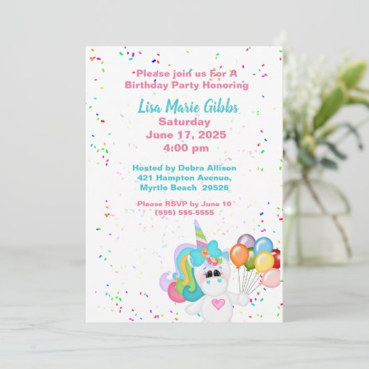 Unicorn Holding Balloons Birthday Kaart (Staand voorkant)