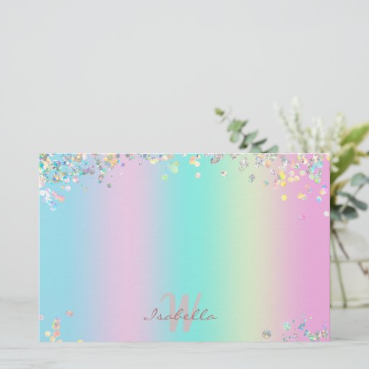 Unicorn holografische glitter briefpapier (Staand voorkant)