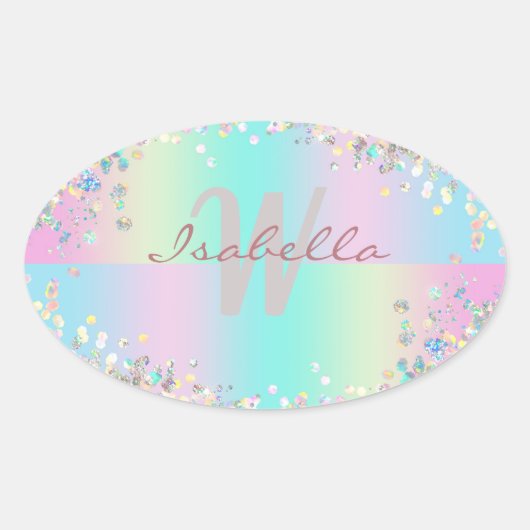 Unicorn holografische glitter ovale sticker (Voorkant)