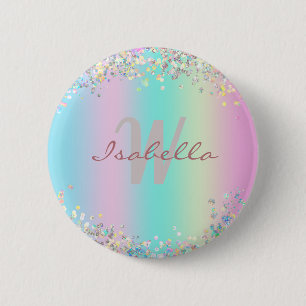 Unicorn holografische glitter ronde button 5,7 cm