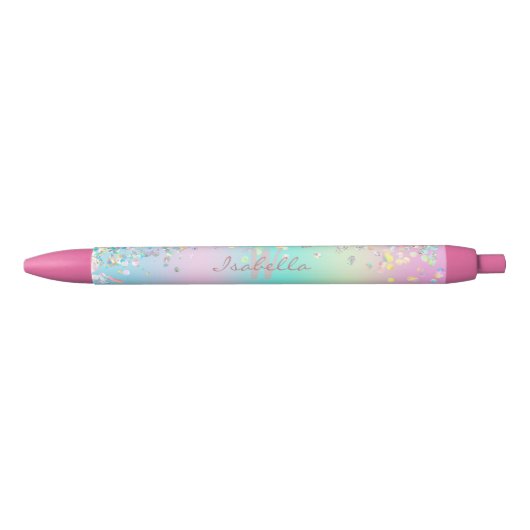 Unicorn holografische glitter zwarte inkt pen (Voorkant)