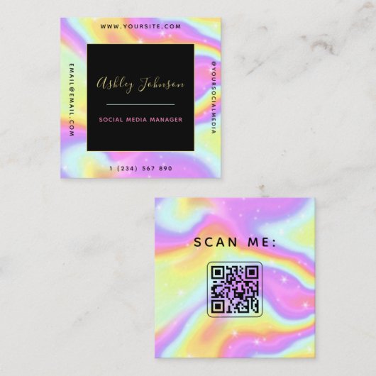 Unicorn Holographic Sparkly Social Media Manager Vierkante Visitekaartje (Voorkant / Achterkant)