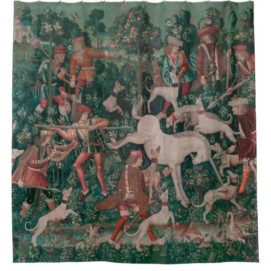 Unicorn Hunt Medieval Art - Unicorn verdedigt Hims Douchegordijn (Voorkant)