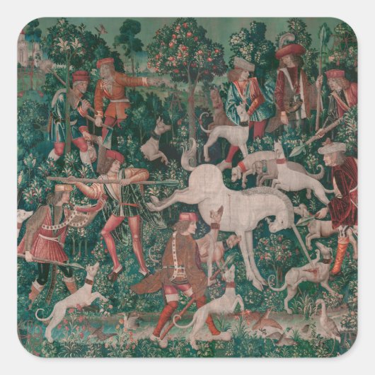Unicorn Hunt Medieval Art - Unicorn verdedigt Hims Vierkante Sticker (Voorkant)