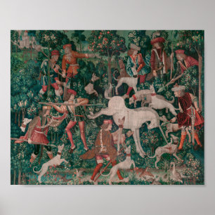 Unicorn Hunt Medieval Art, Unicorn verdedigt zichz Poster