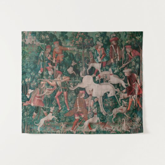 Unicorn Hunt Medieval Art verdedigt zichzelf Wandkleed (Voorkant (horizontaal))