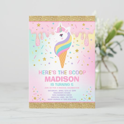 Unicorn Ice Cream Invitation Magic Ice Cream Party Kaart (Staand voorkant)
