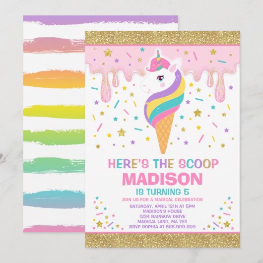 Unicorn Ice Cream Invitation Magic Ice Cream Party Kaart (Voorkant / Achterkant)