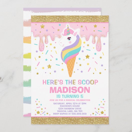 Unicorn Ice Cream Invitation Magic Ice Cream Party Kaart (Voorkant / Achterkant)