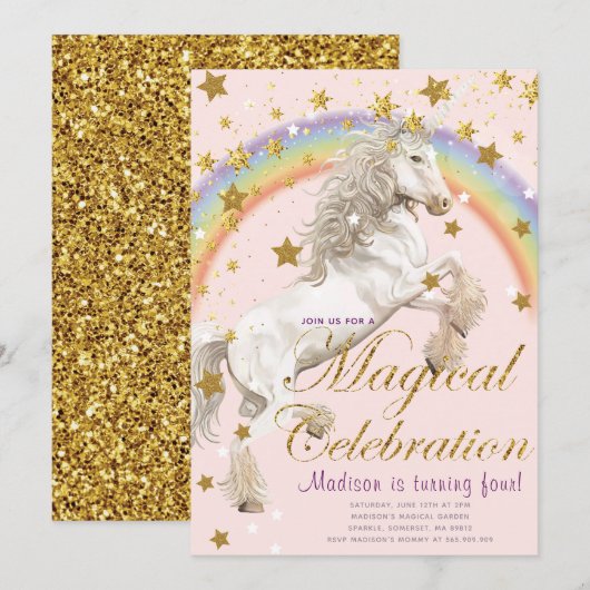 Unicorn Illustration Party Magical Birthday Kaart (Voorkant / Achterkant)