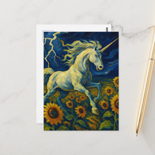 Unicorn in a Storm in Sunflowers Briefkaart (Voorkant / Achterkant in situ)