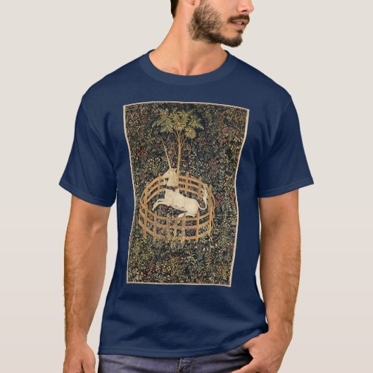 Unicorn in Captivity Medieval Tapestry T-shirt (Voorkant)