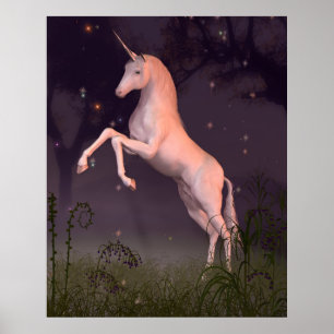 Unicorn in een Moonlit Forest Glade Poster