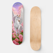 Unicorn in Pink Sky with Roses Fantasy Art Persoonlijk Skateboard (Voorkant)