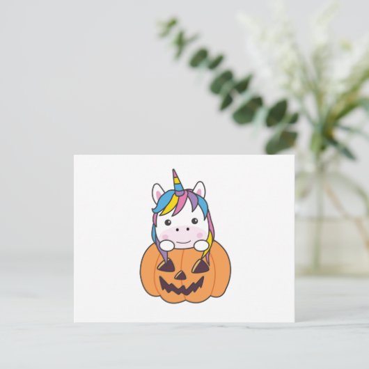 Unicorn in pomkin Cute Unicorns Happy Halloween Briefkaart (Staand voorkant)